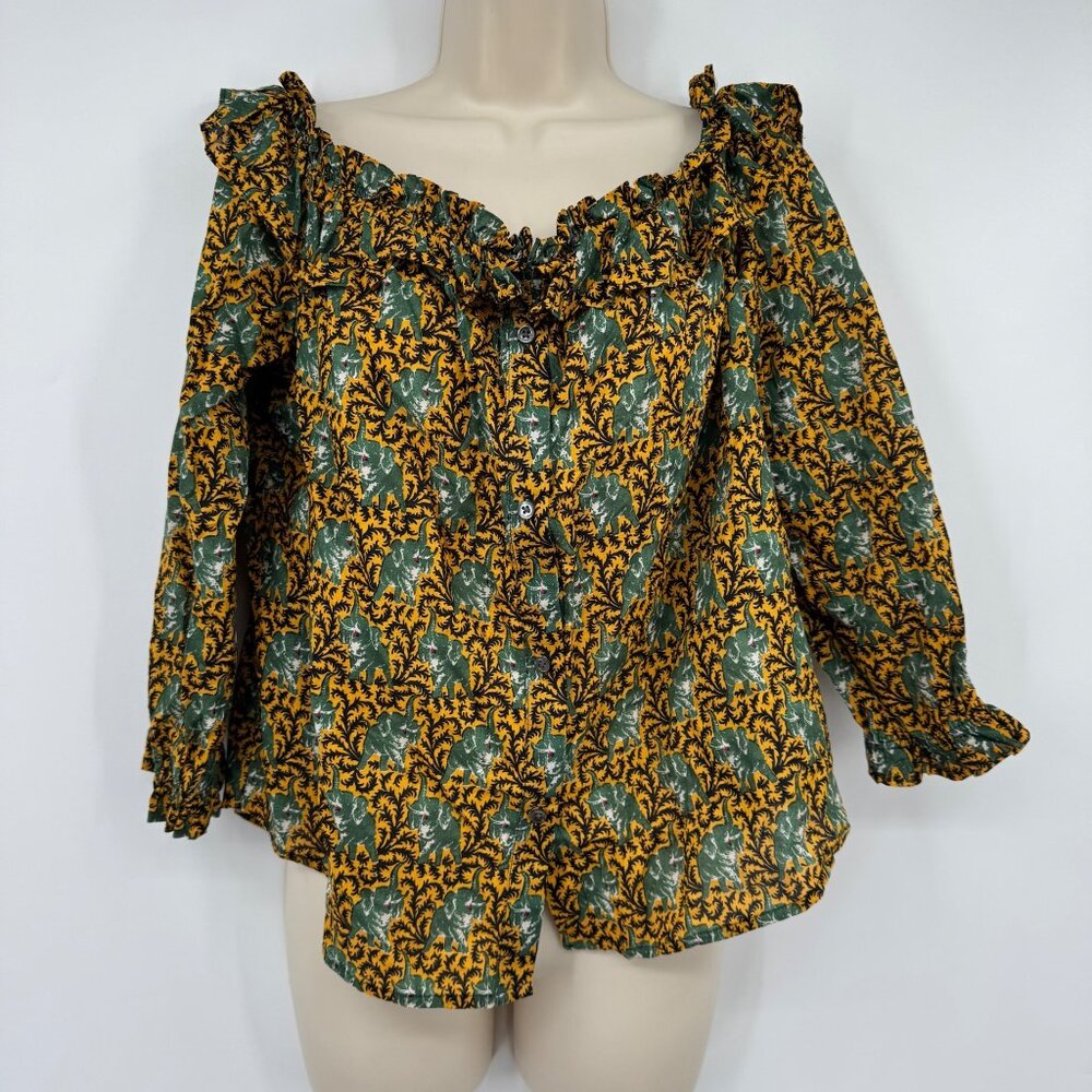 J. Crew Ratti Elephant Print Blouse Woman’s size 14 green off shoulder button up